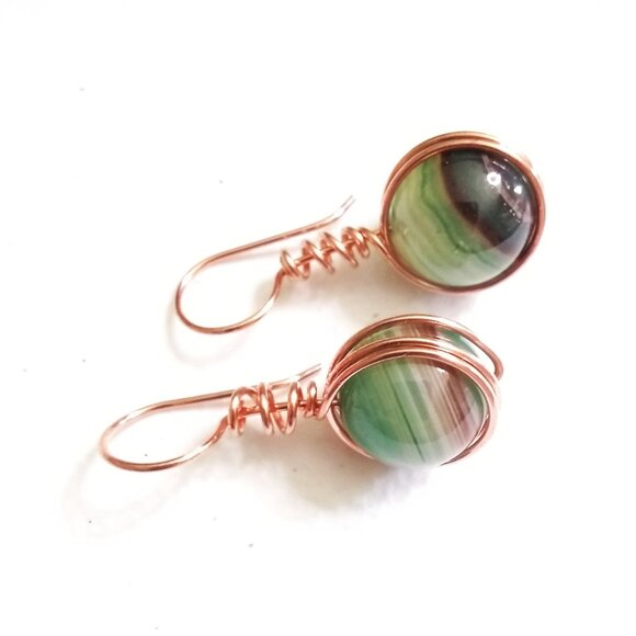 One-of-a-Kind!!! Green & Brown Banded Agate Spheres ~ Copper Wrapped Earrings - Picture 6 of 13
